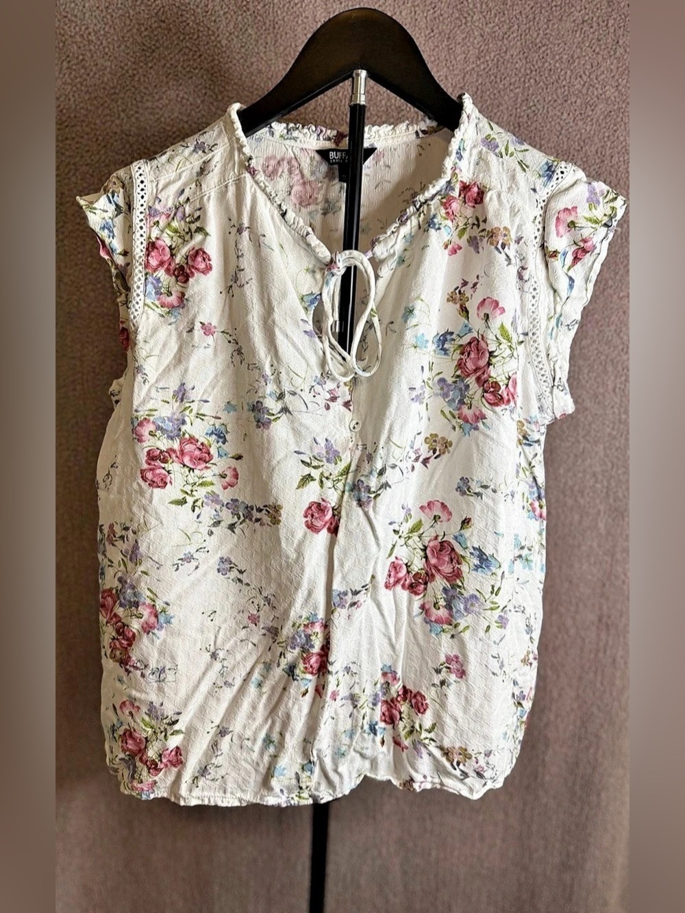 Buffalo David Bitton Floral Ruffle Tie Neck Blouse Size S